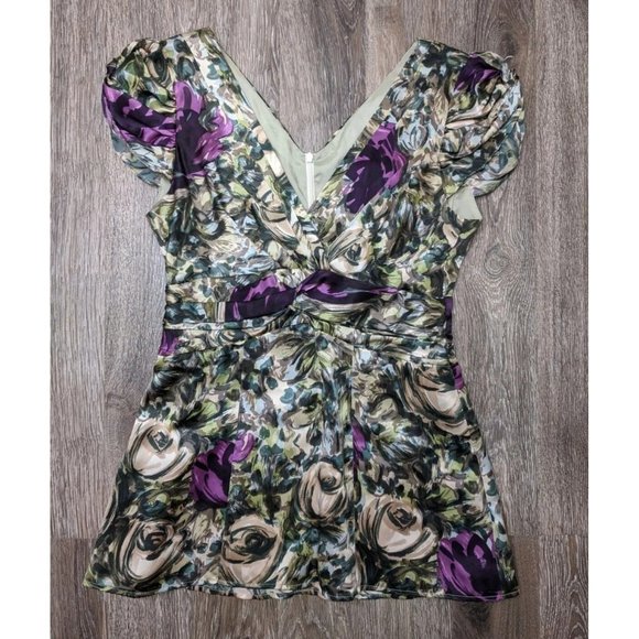 Nanette Lepore SZ 2 Multicolored Purple/Green Cap Sleeve 100% Silk Women's Top - Picture 1 of 8